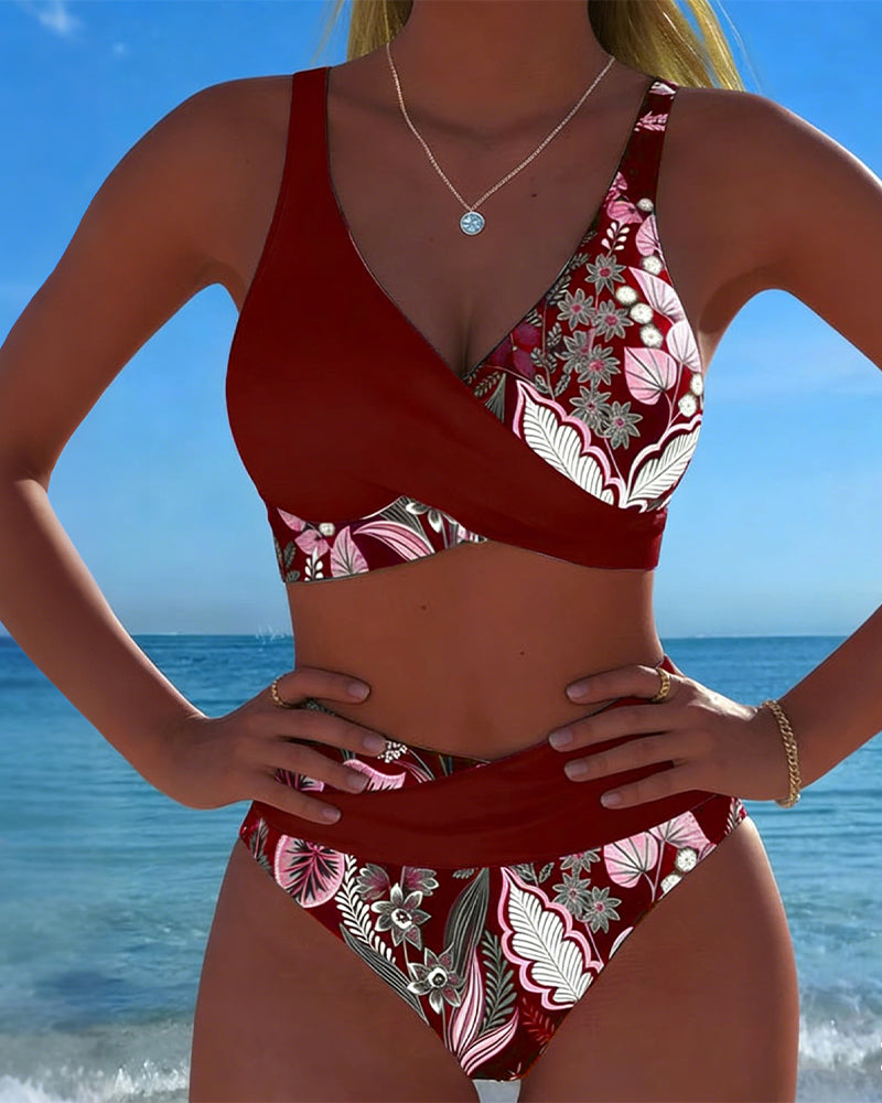 Bikini de contraste de color con estampado floral