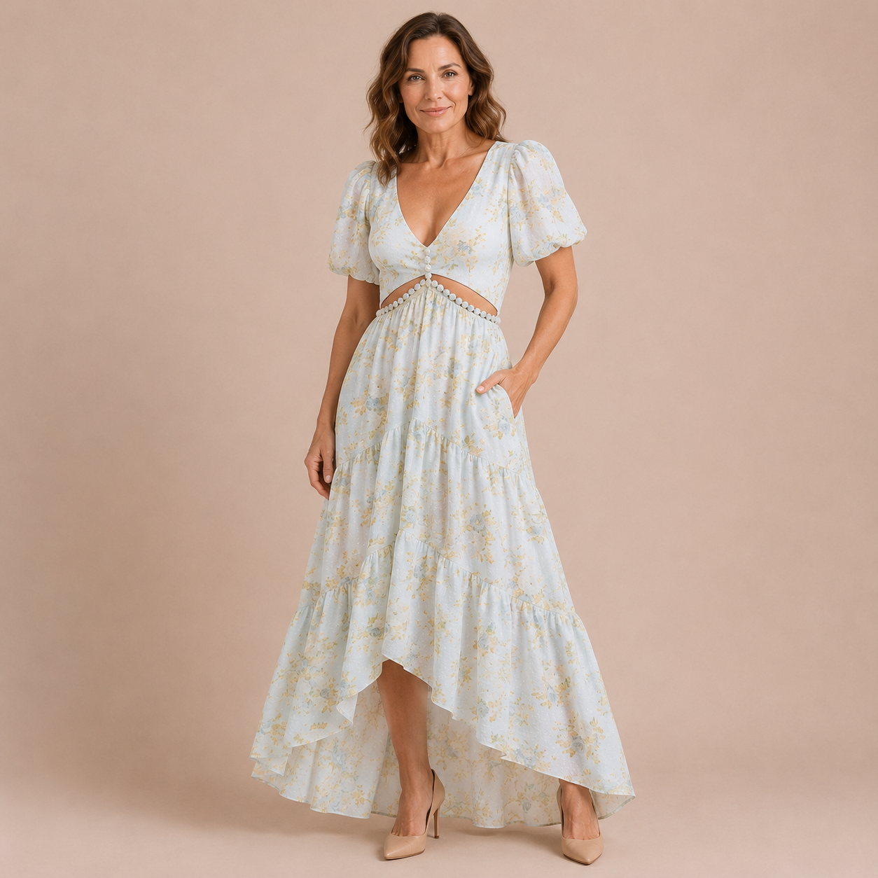 Ariadna - Vestido de mangas abullonadas con cutout de pedrería en cintura
