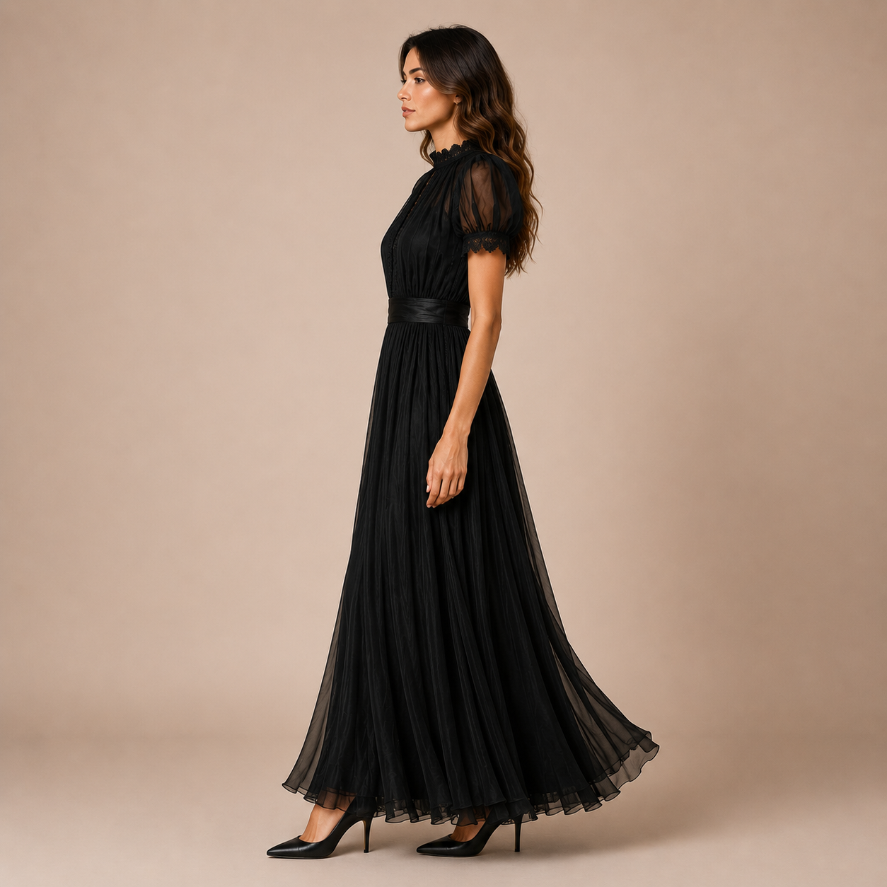 Adela - Vestido midi vaporoso con cuello alto