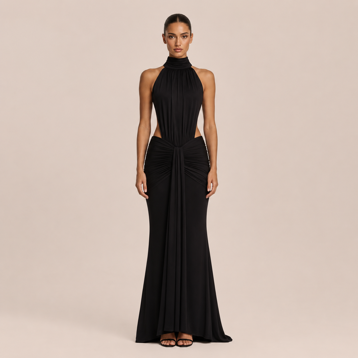 Valentina - Vestido maxi halter cuello alto con cintura descubierta y silueta sirena