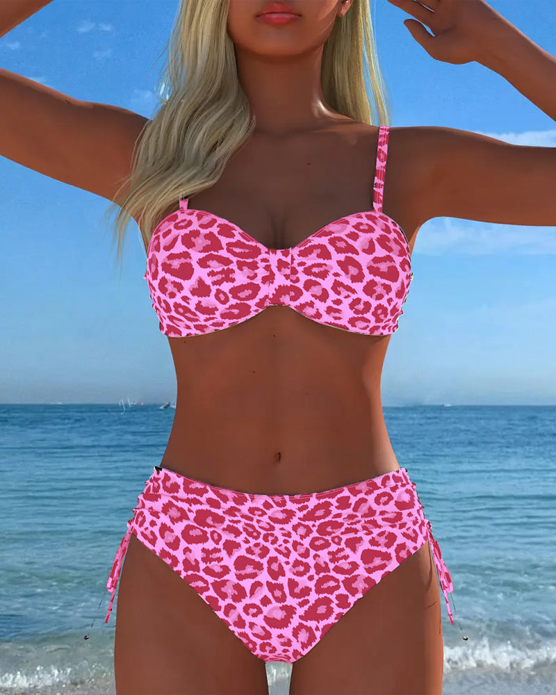 Bikini de dos piezas con cordones y estampado de leopardo