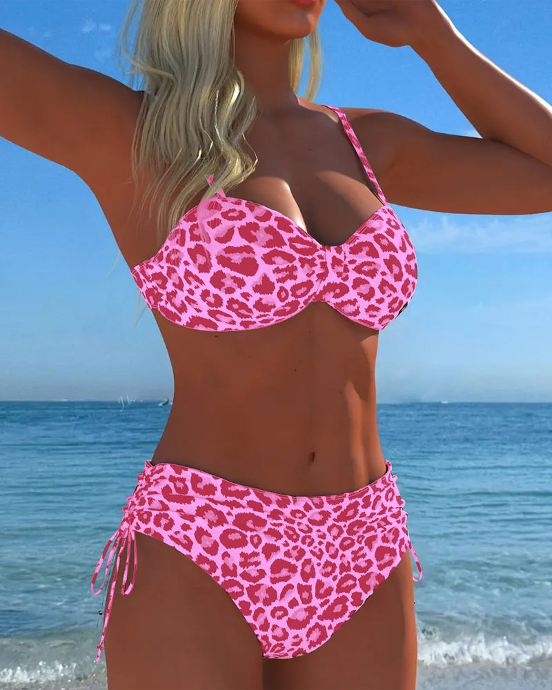 Bikini de dos piezas con cordones y estampado de leopardo