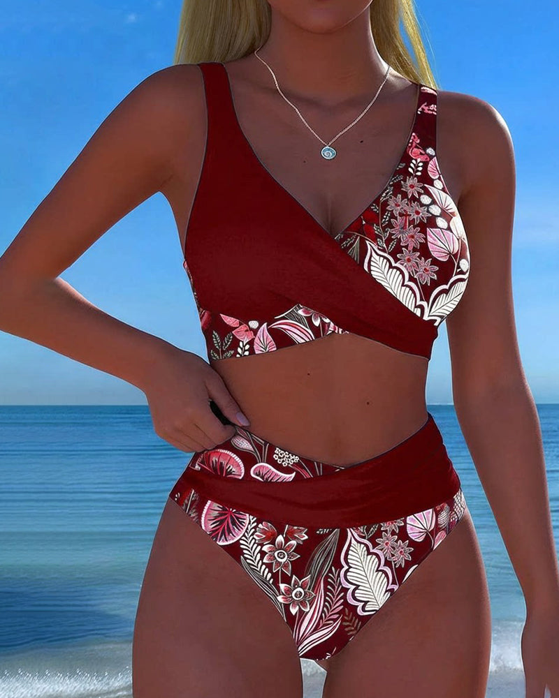 Bikini de contraste de color con estampado floral