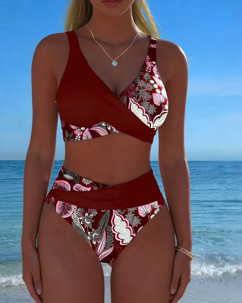 Bikini de contraste de color con estampado floral