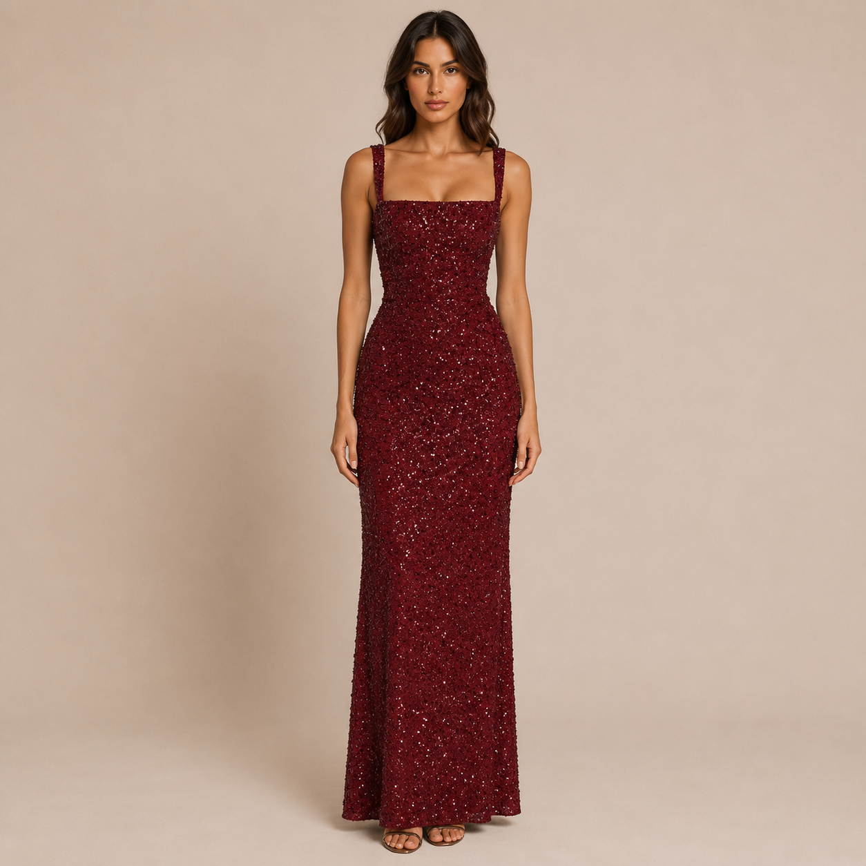 Sofia - Vestido largo de tirantes con cuello cuadrado y pedrería brillante