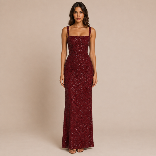 Sofia - Vestido largo de tirantes con cuello cuadrado y pedrería brillante