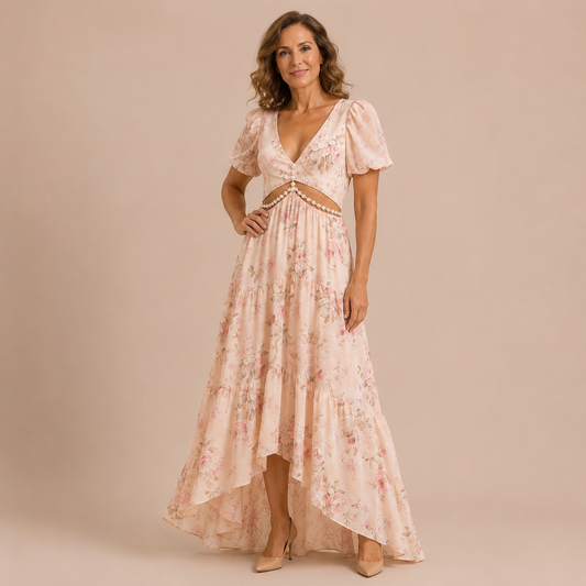 Ariadna - Vestido de mangas abullonadas con cutout de pedrería en cintura