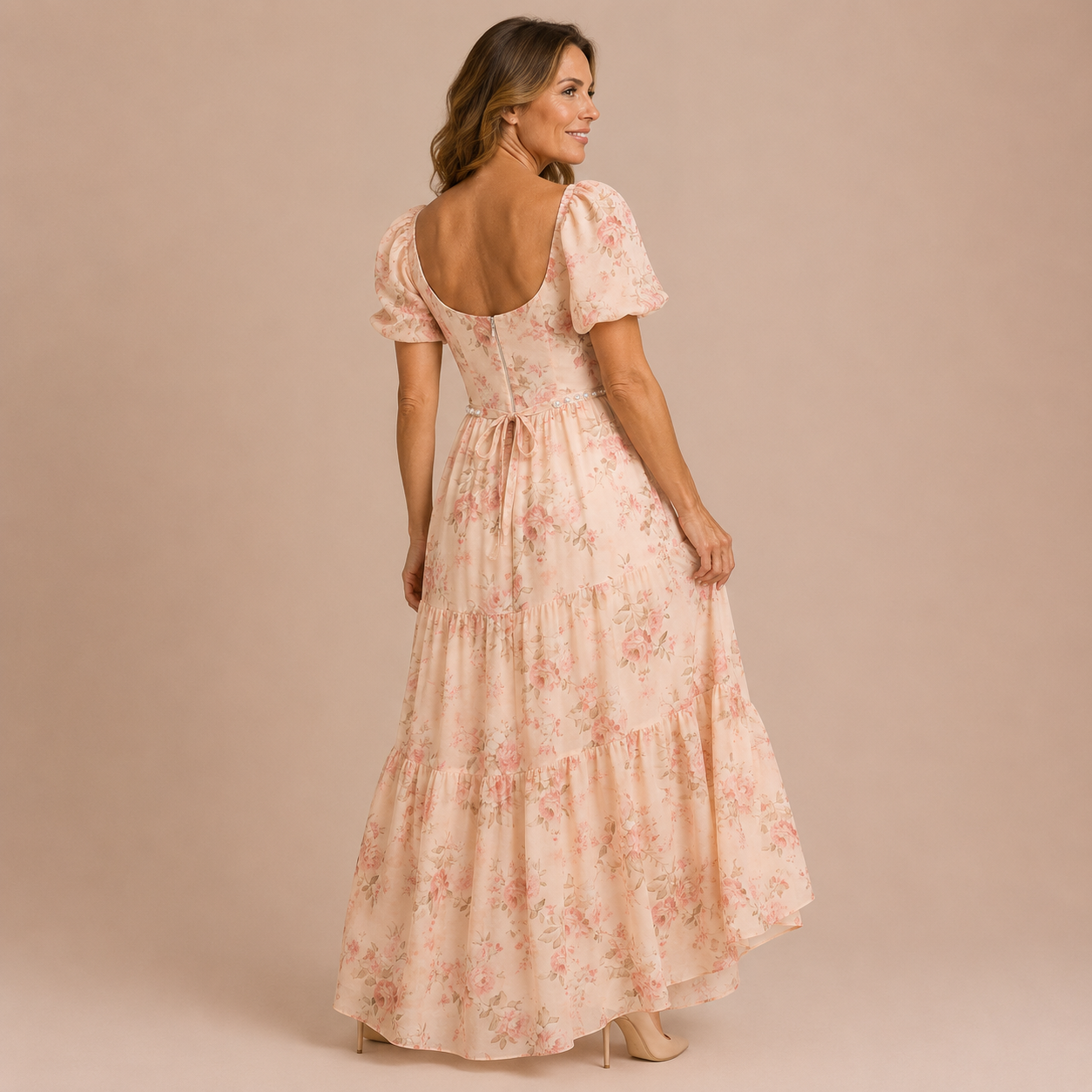 Ariadna - Vestido de mangas abullonadas con cutout de pedrería en cintura