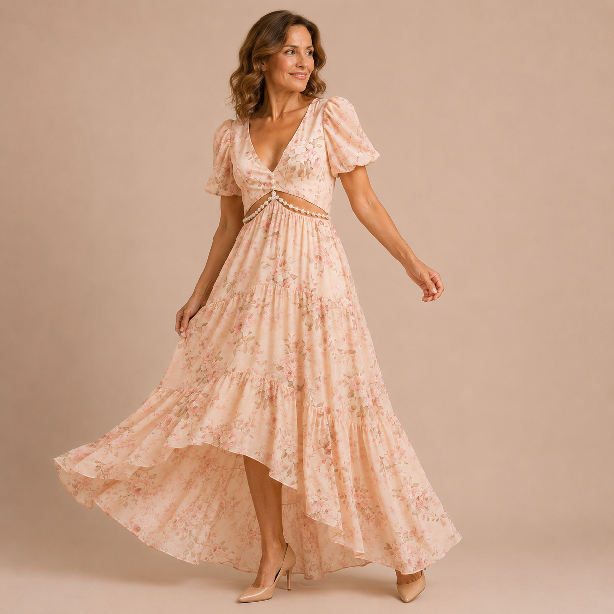 Ariadna - Vestido de mangas abullonadas con cutout de pedrería en cintura