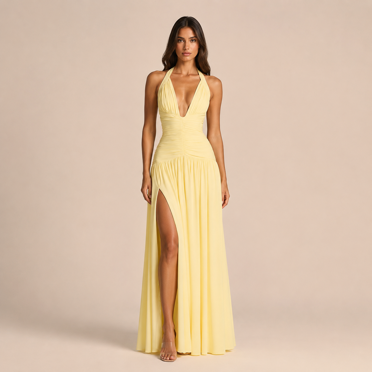 Julieta - Vestido maxi halter con escote profundo