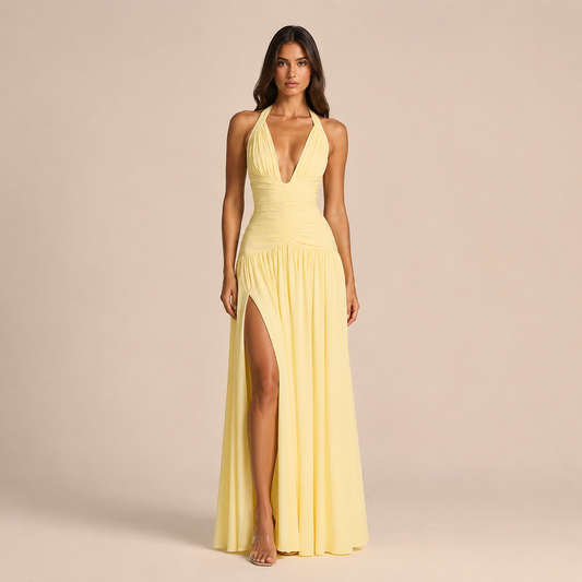 Julieta - Vestido maxi halter con escote profundo