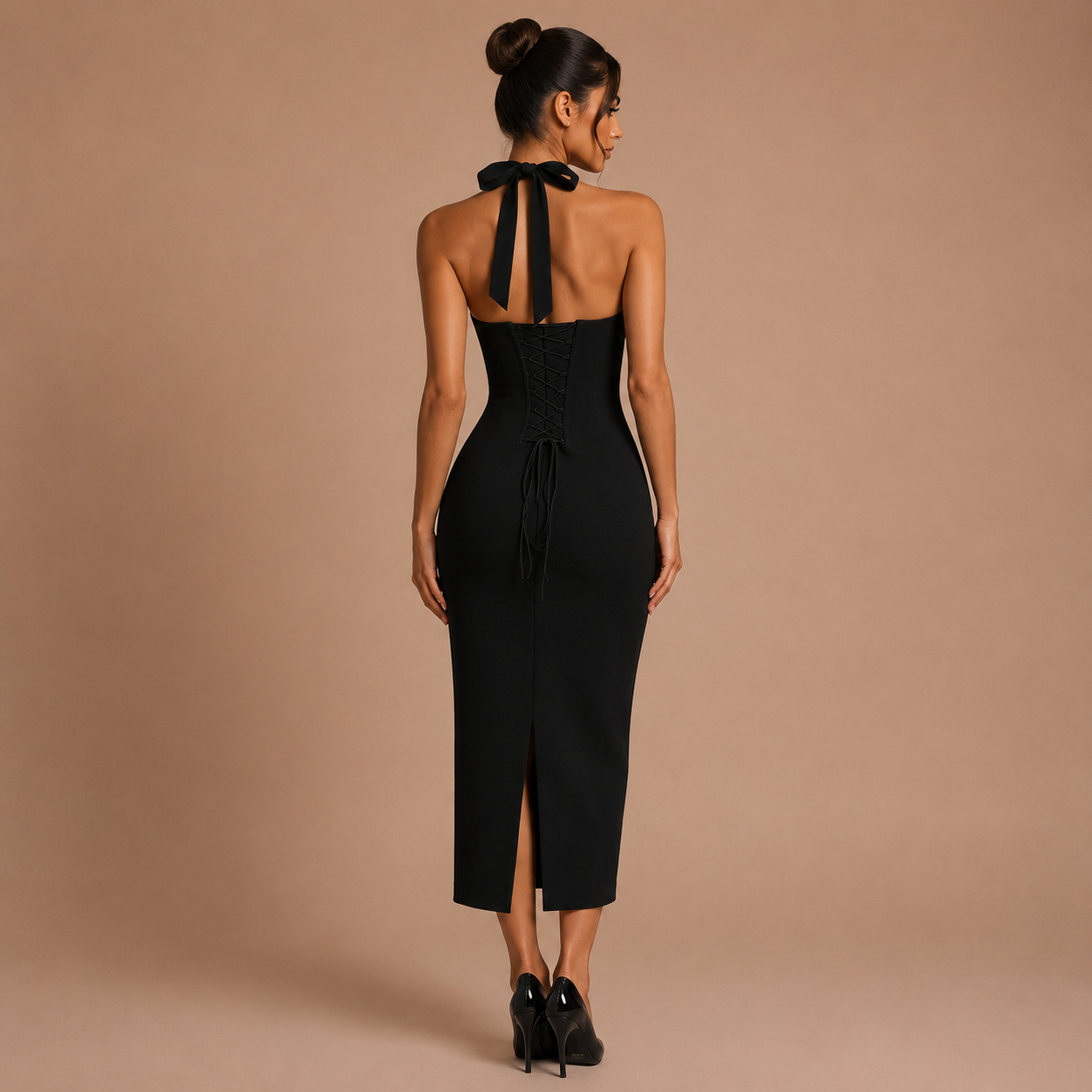 Aldara - Vestido midi ceñido con corpiño y tirante halter