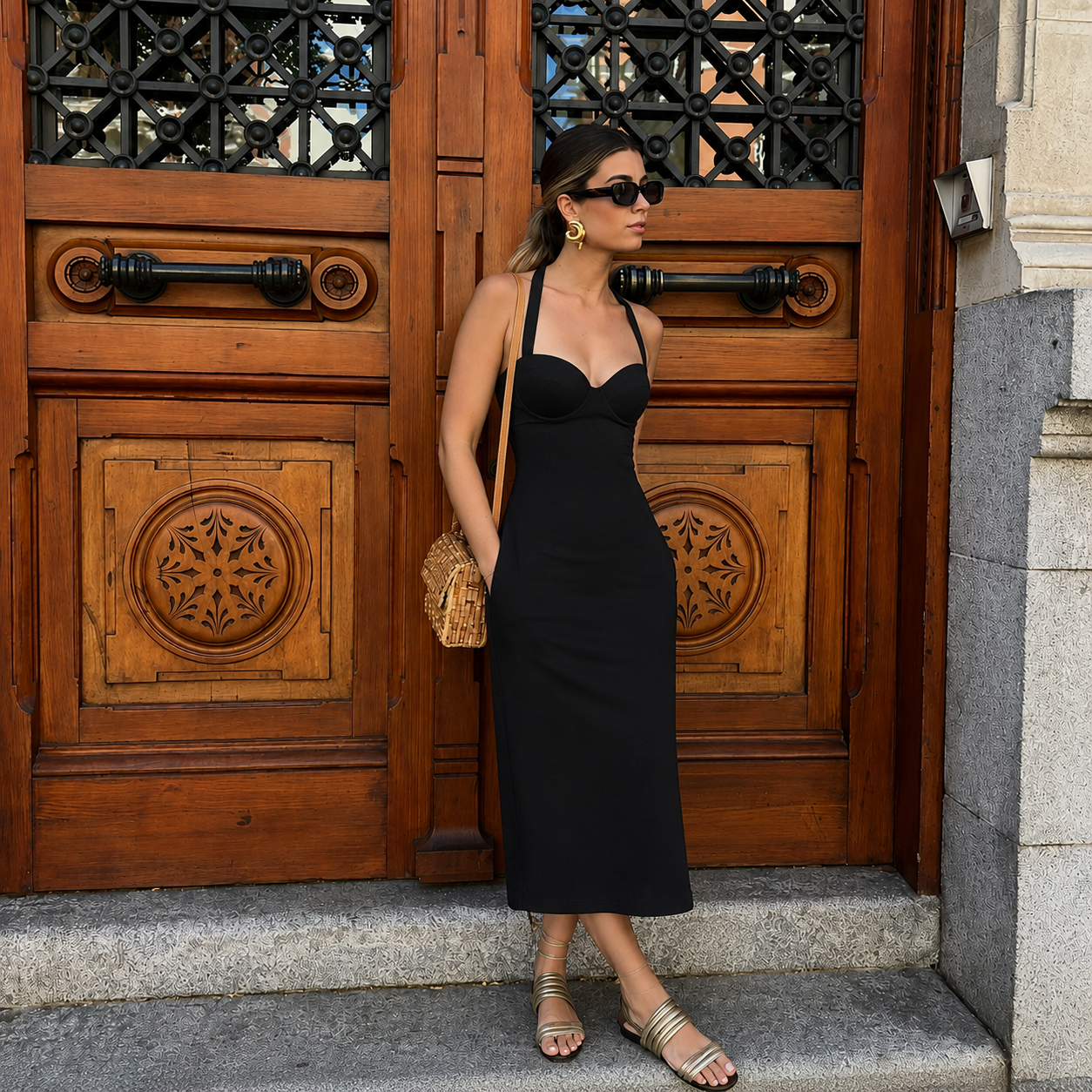 Aldara - Vestido midi ceñido con corpiño y tirante halter