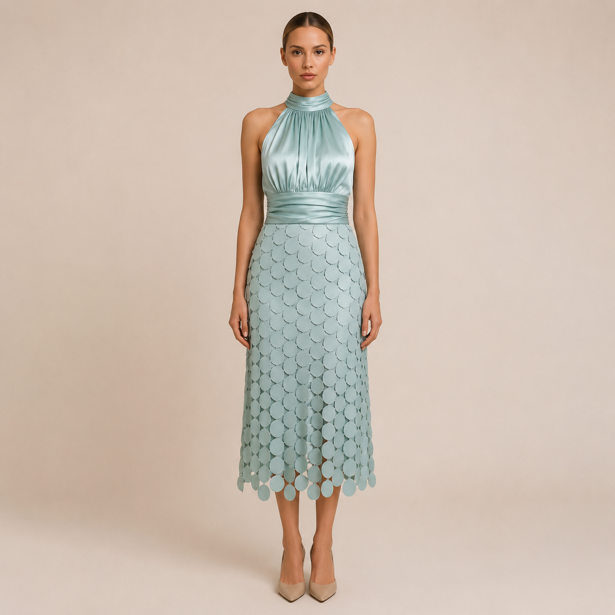 Bianca - Vestido midi de cuello halter con top satinado