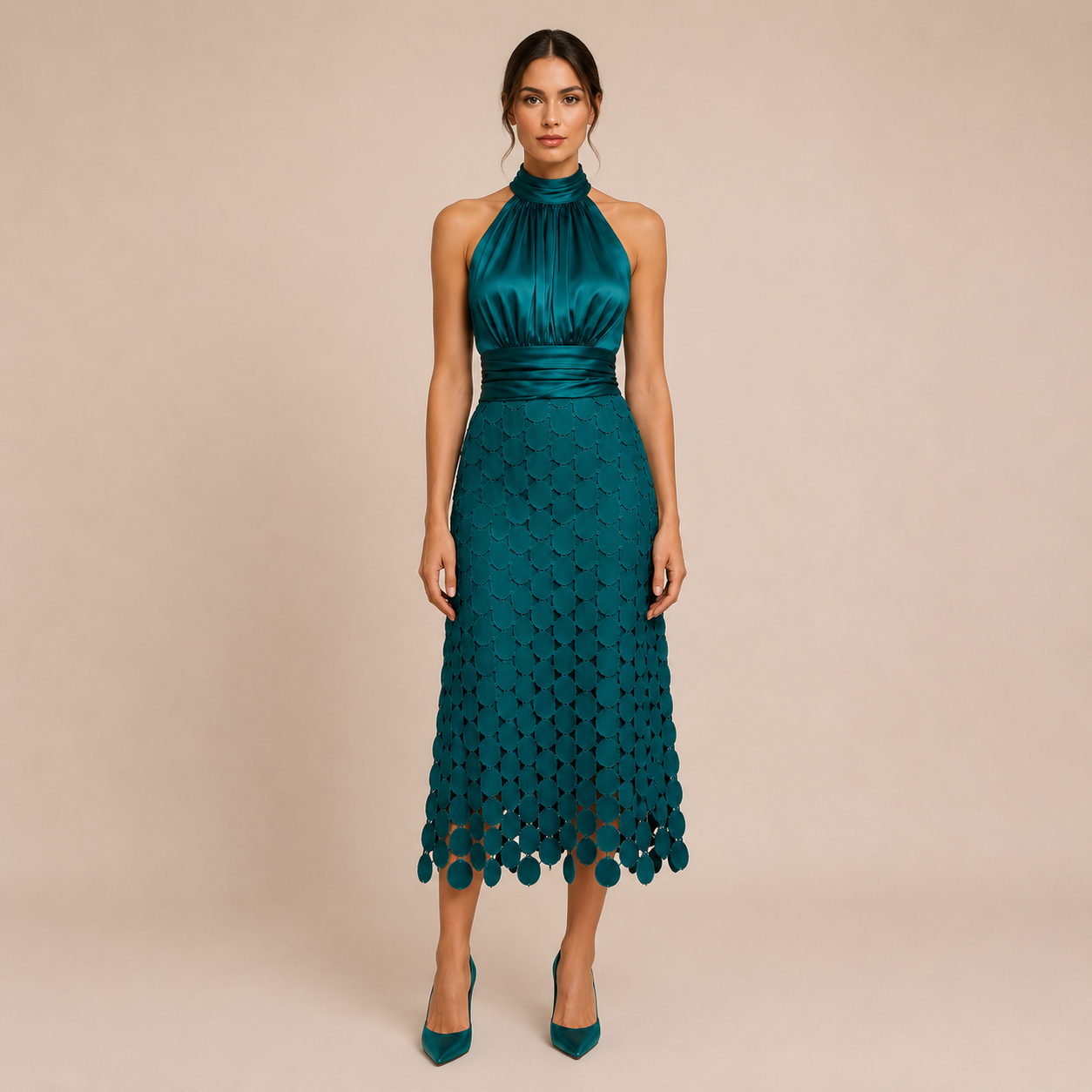 Bianca - Vestido midi de cuello halter con top satinado