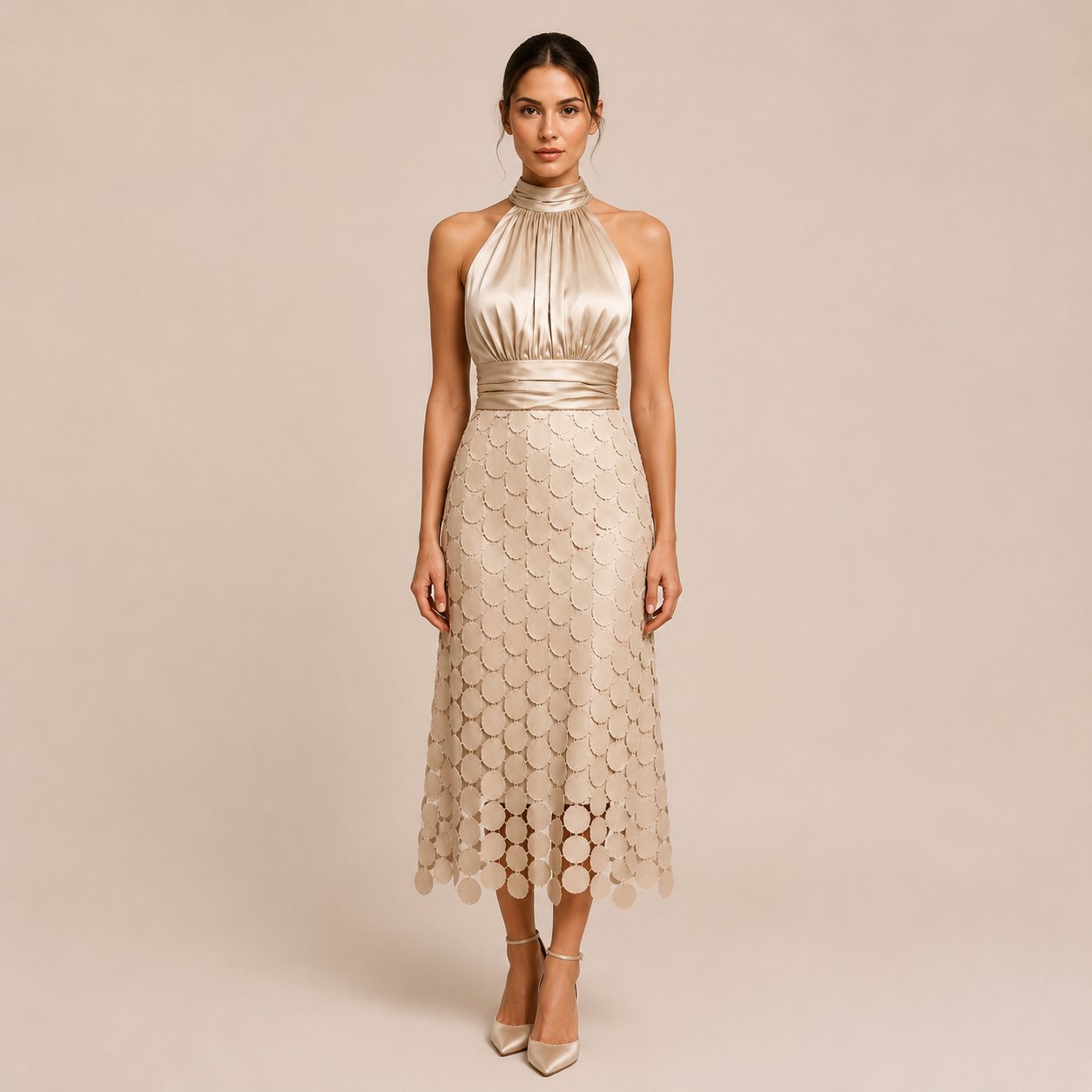 Bianca - Vestido midi de cuello halter con top satinado