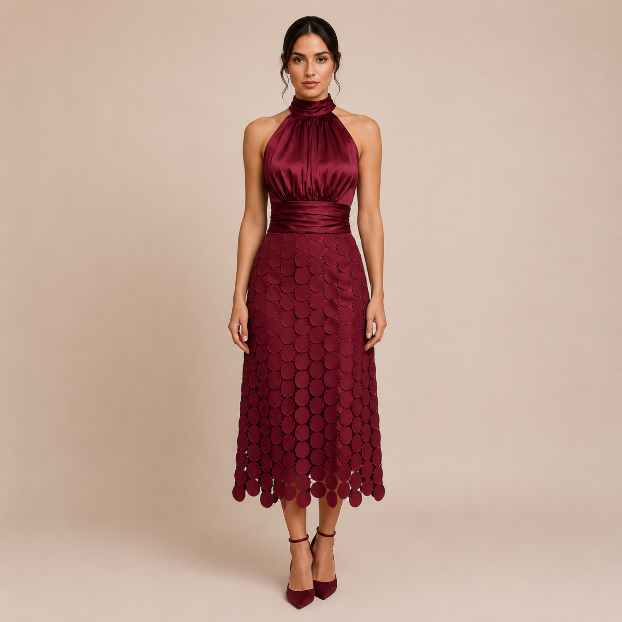 Bianca - Vestido midi de cuello halter con top satinado