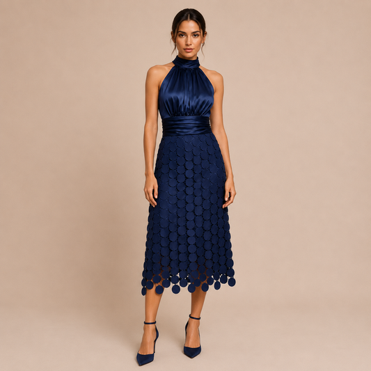 Bianca - Vestido midi de cuello halter con top satinado