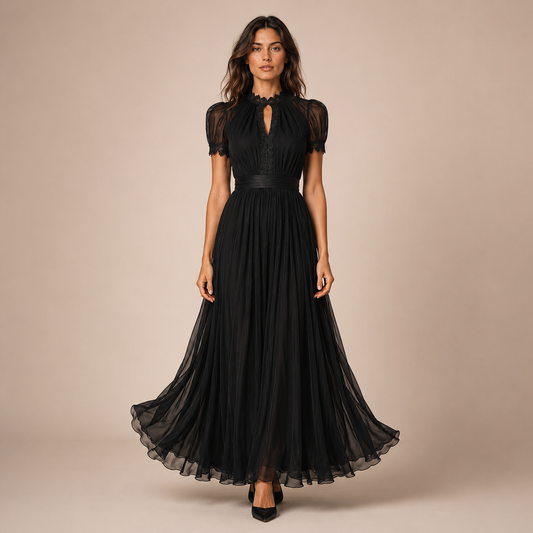 Adela - Vestido midi vaporoso con cuello alto
