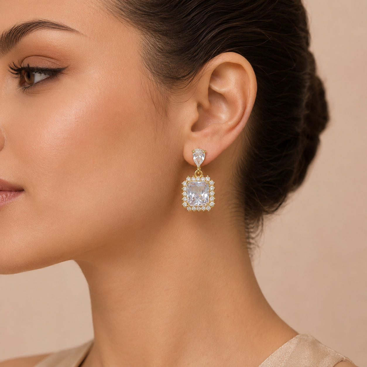 Pendientes Cristal Cuadrado con Halo de Circonitas