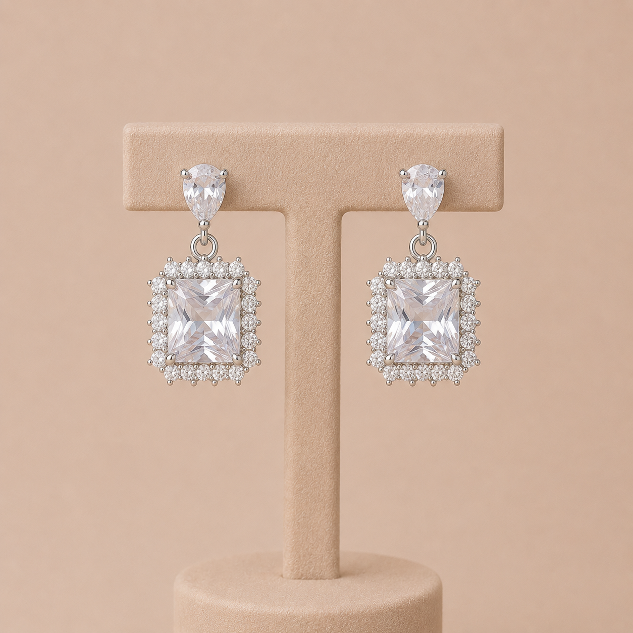 Pendientes Cristal Cuadrado con Halo de Circonitas