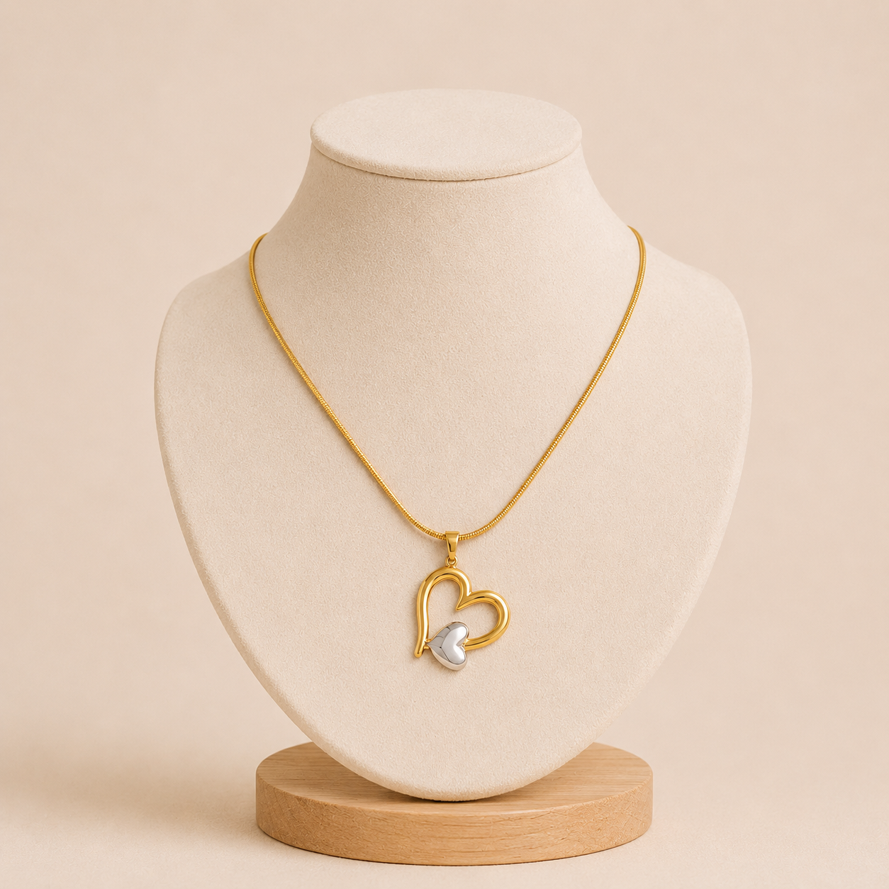 Collar Cadena Serpiente con Dije Doble Corazón Entrelazado