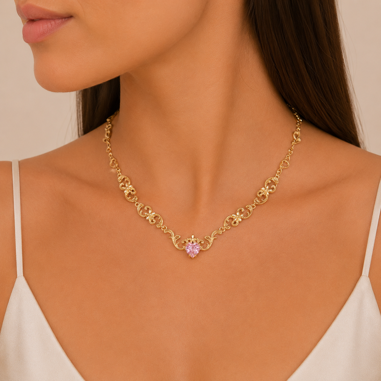 Collar Cadena Barroca con Corazón de Cristal Central