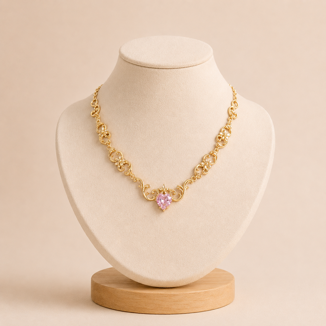 Collar Cadena Barroca con Corazón de Cristal Central