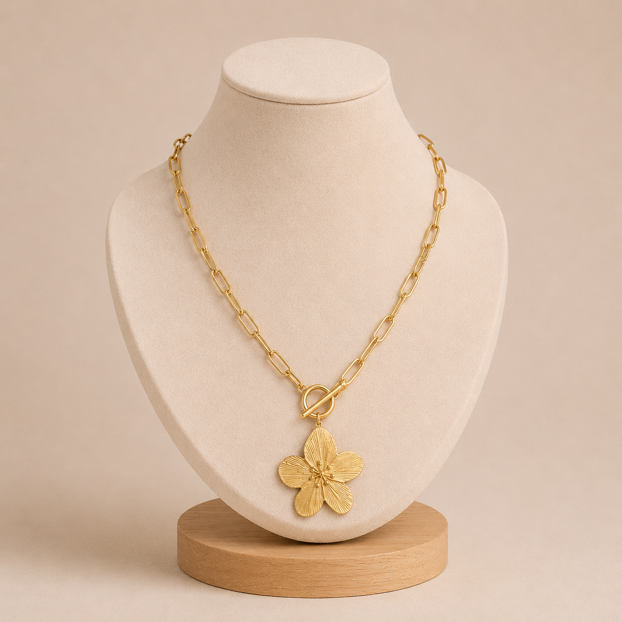 Collar Cadena Paperclip con Dije Flor Texturada
