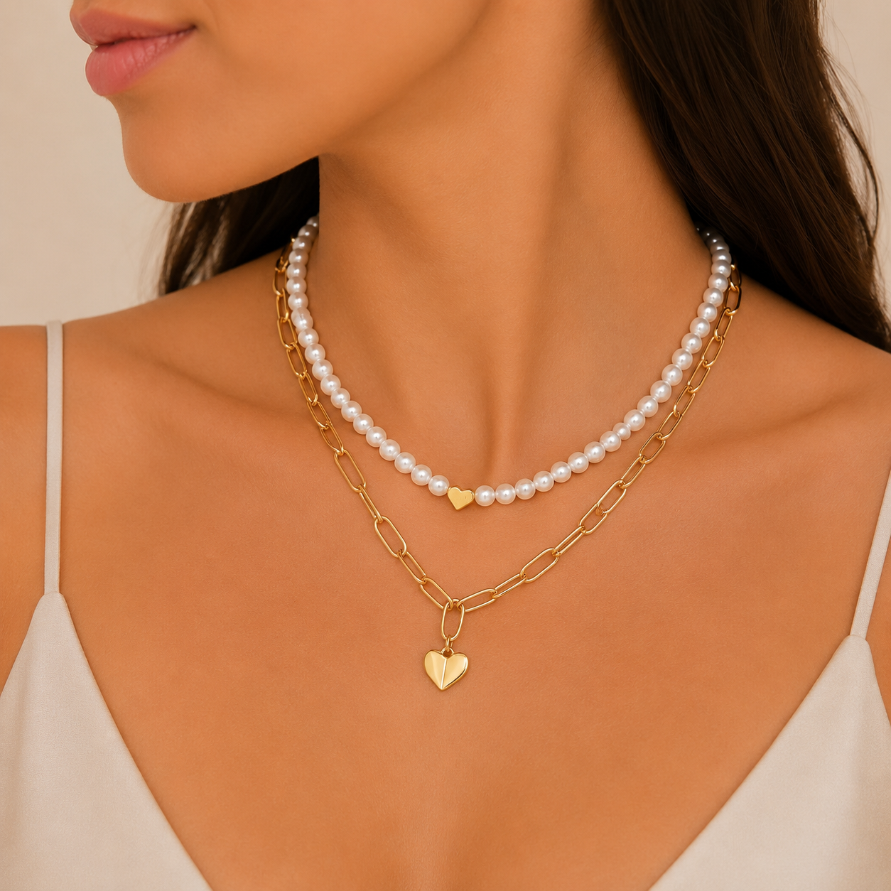 Collar Doble Capa de Perlas y Cadena Paperclip con Dije Corazón