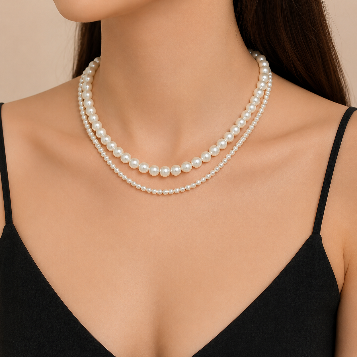 Collar Doble Hilo de Perlas Escalonadas