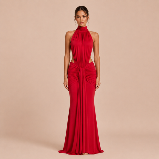 Valentina - Vestido maxi halter cuello alto con cintura descubierta y silueta sirena