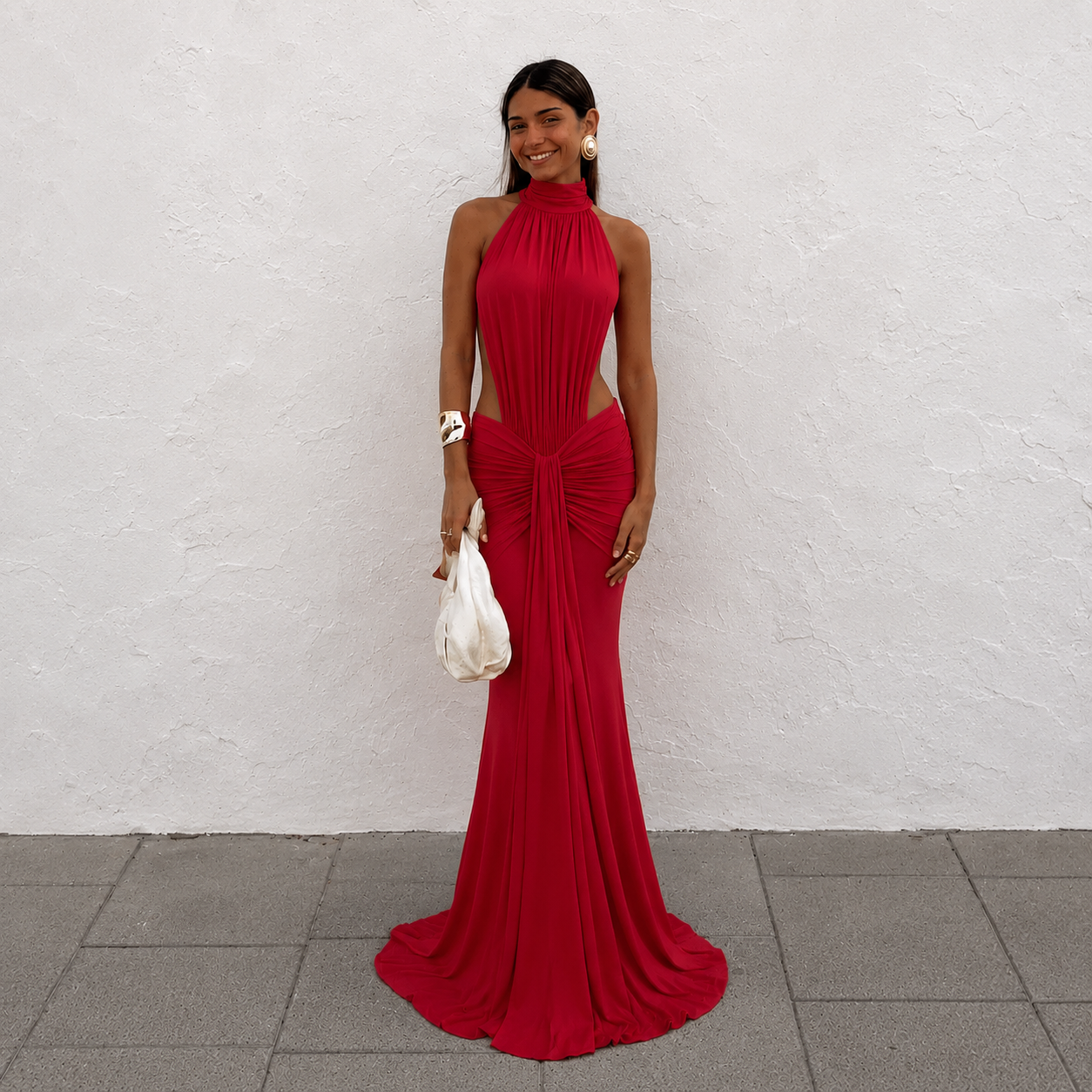 Valentina - Vestido maxi halter cuello alto con cintura descubierta y silueta sirena