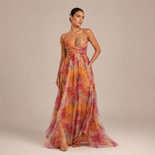 Mónica - Vestido fluido de tul drapeado con escote cruzado y falda vaporosa