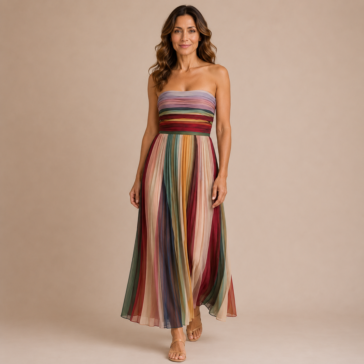 Victoria - Vestido palabra de honor plisado con estampado multicolor de rayas