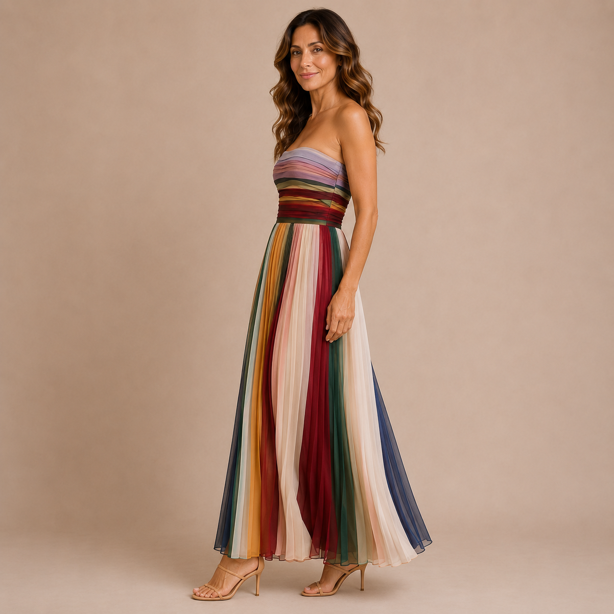 Victoria - Vestido palabra de honor plisado con estampado multicolor de rayas