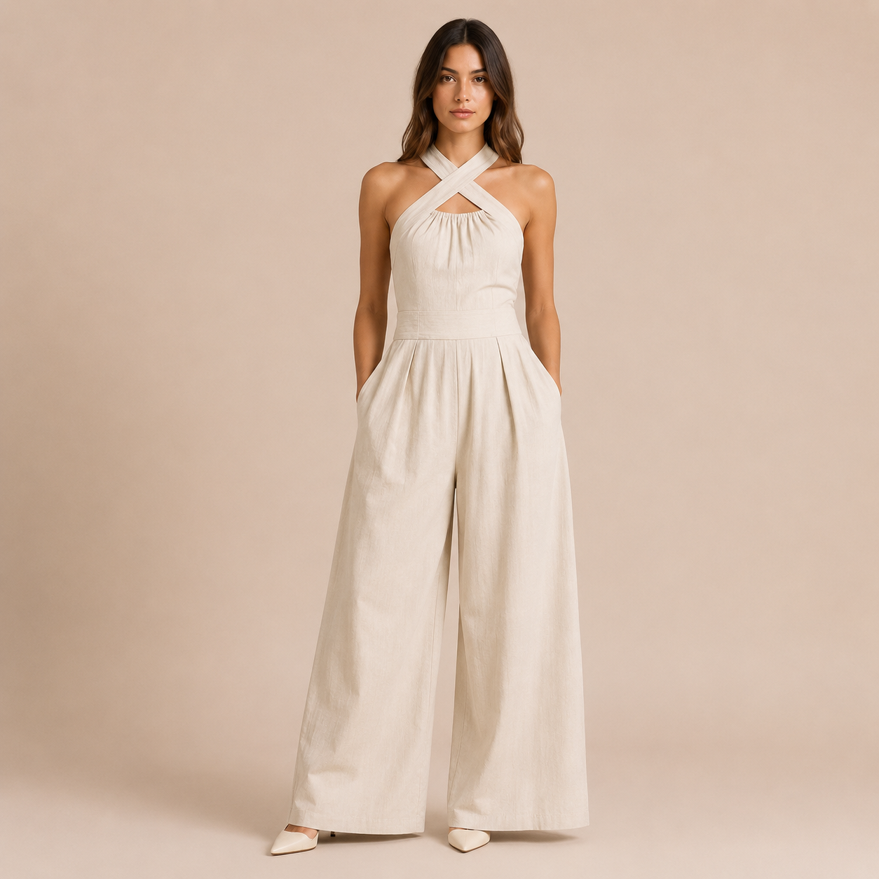 Marbella - Mono halter cruzado con pernera ancha y bolsillos