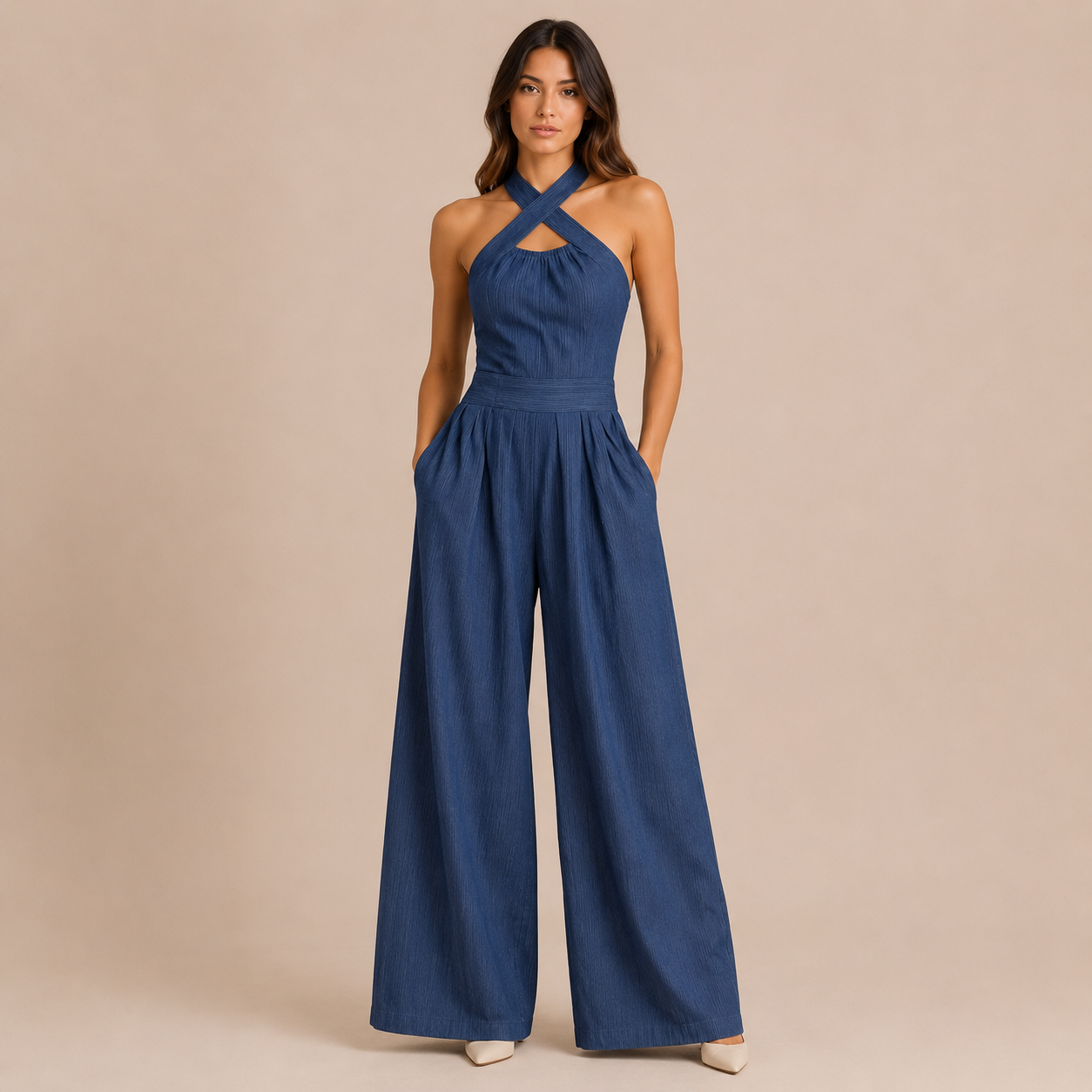Marbella - Mono halter cruzado con pernera ancha y bolsillos