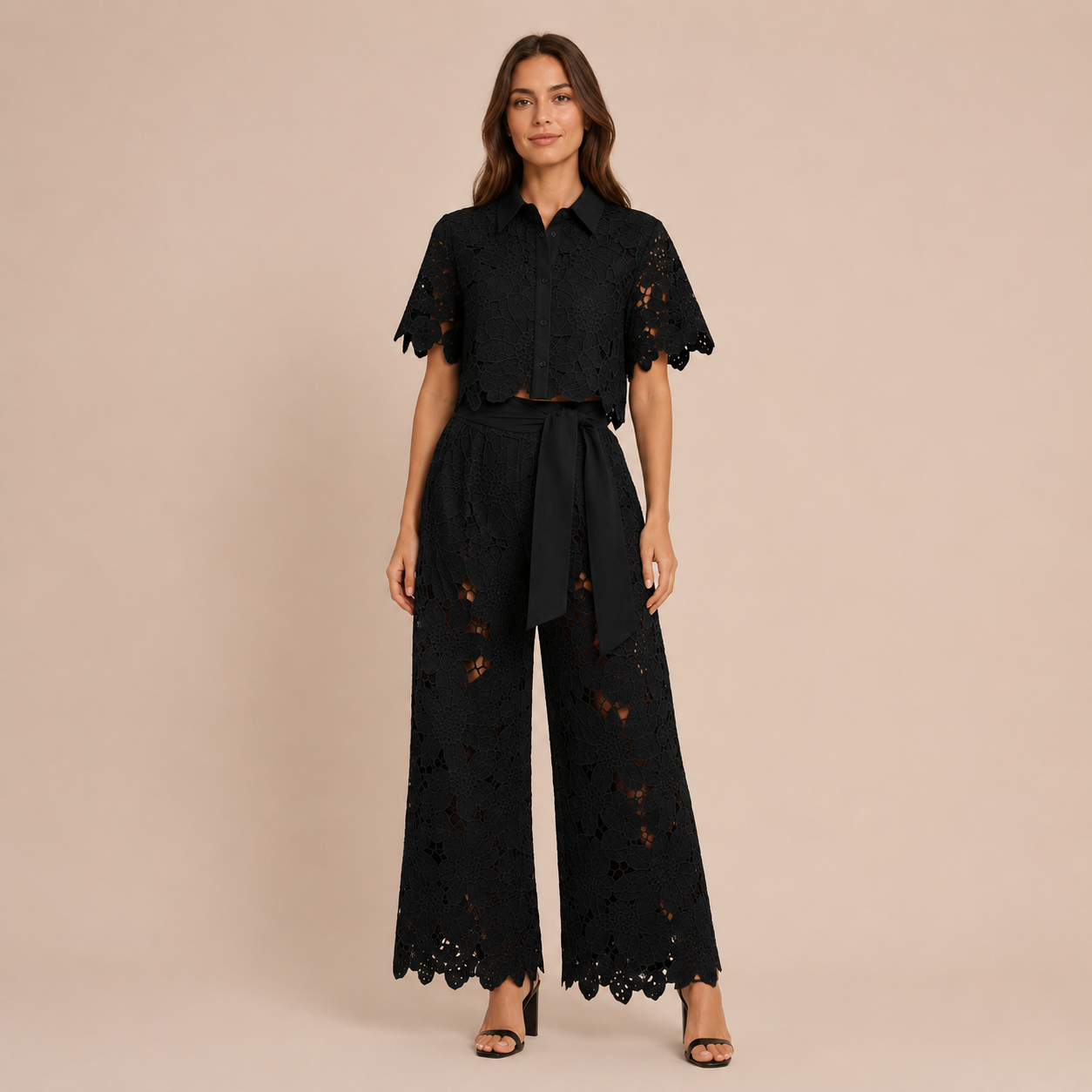 Verona - Conjunto de encaje bordado y pantalón palazzo con lazo