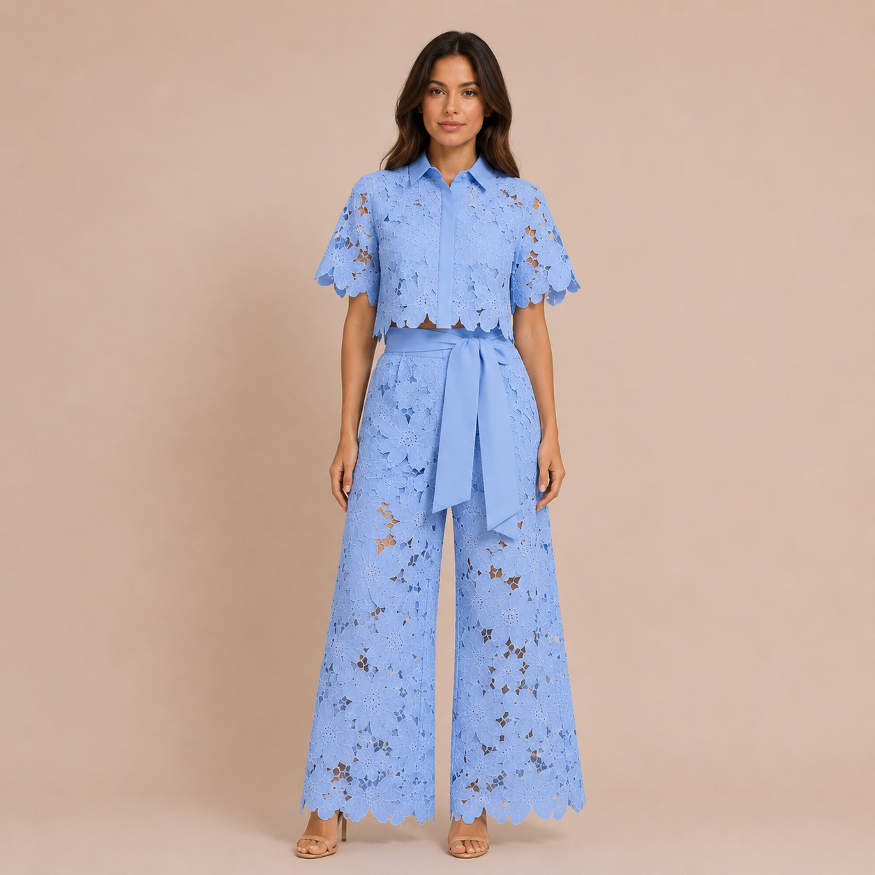 Verona - Conjunto de encaje bordado y pantalón palazzo con lazo
