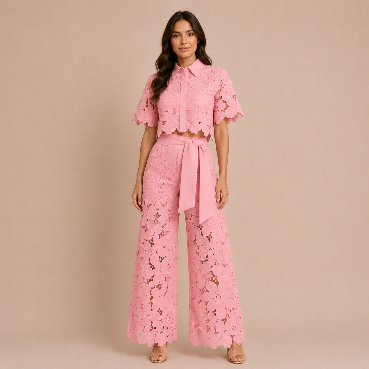 Verona - Conjunto de encaje bordado y pantalón palazzo con lazo