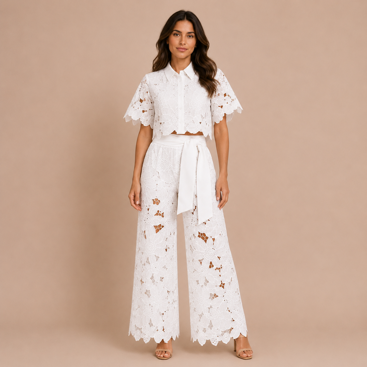 Verona - Conjunto de encaje bordado y pantalón palazzo con lazo