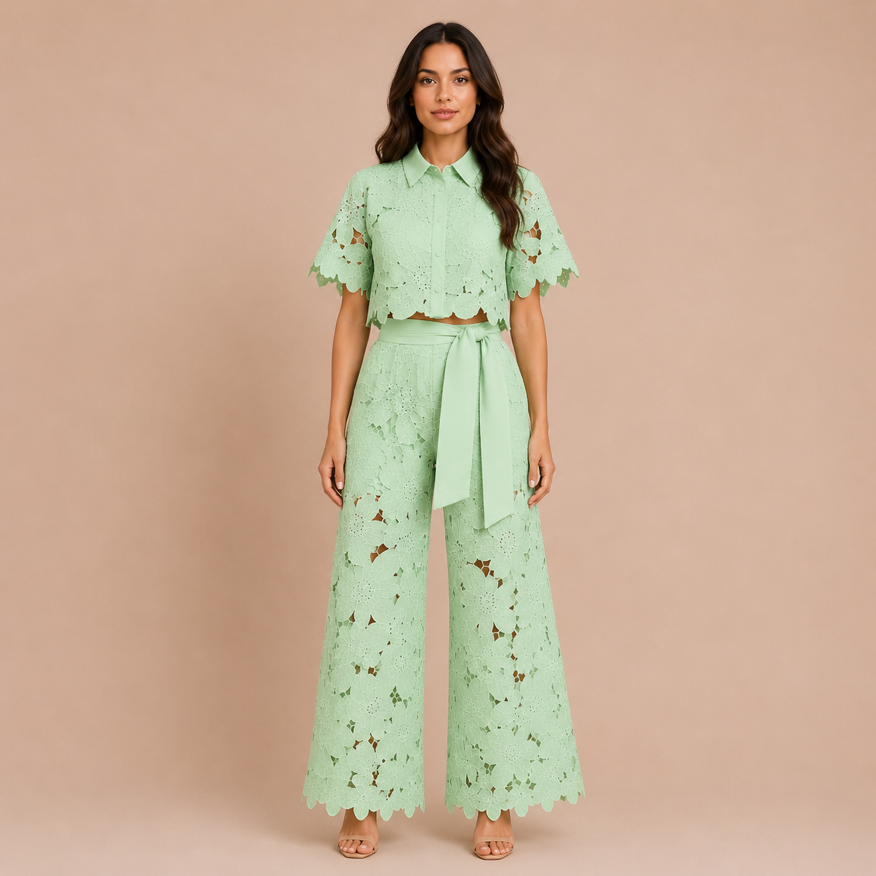 Verona - Conjunto de encaje bordado y pantalón palazzo con lazo