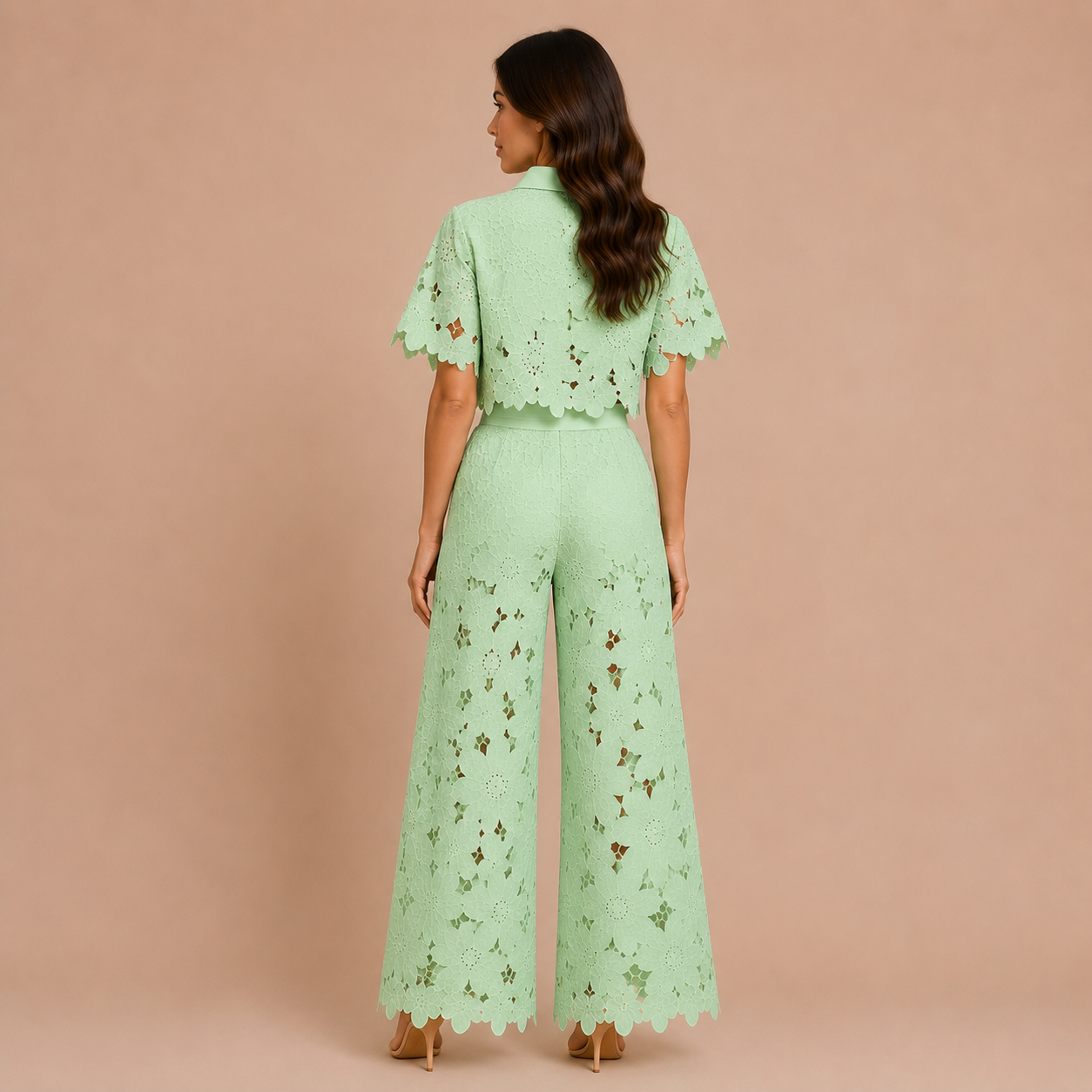Verona - Conjunto de encaje bordado y pantalón palazzo con lazo