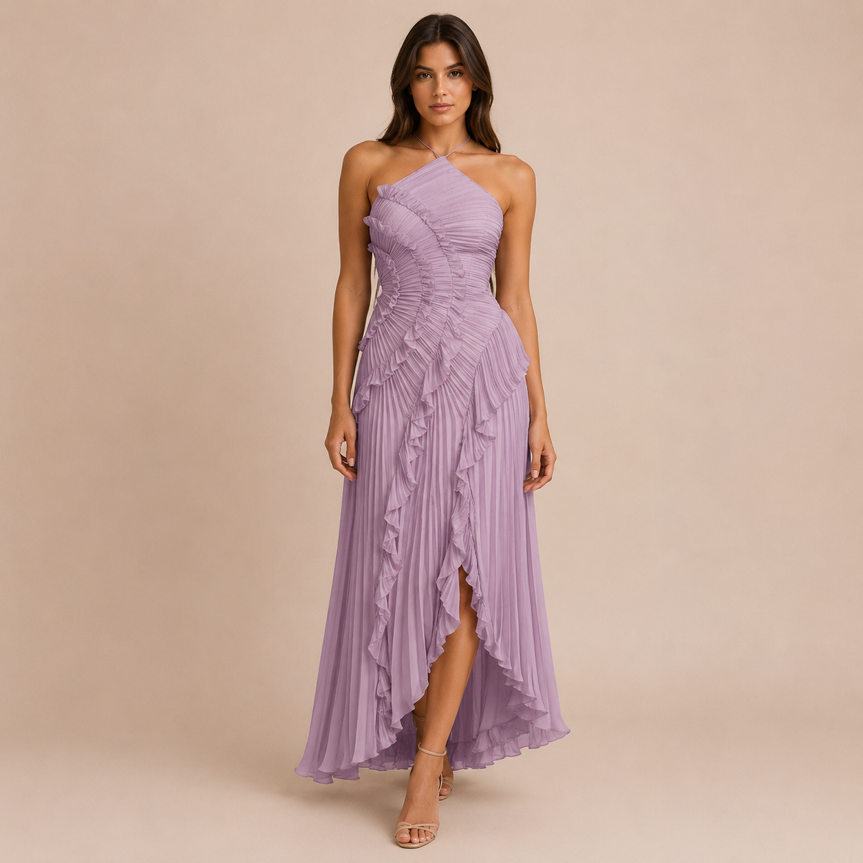 Emilia - Vestido halter plisado con volante asimétrico