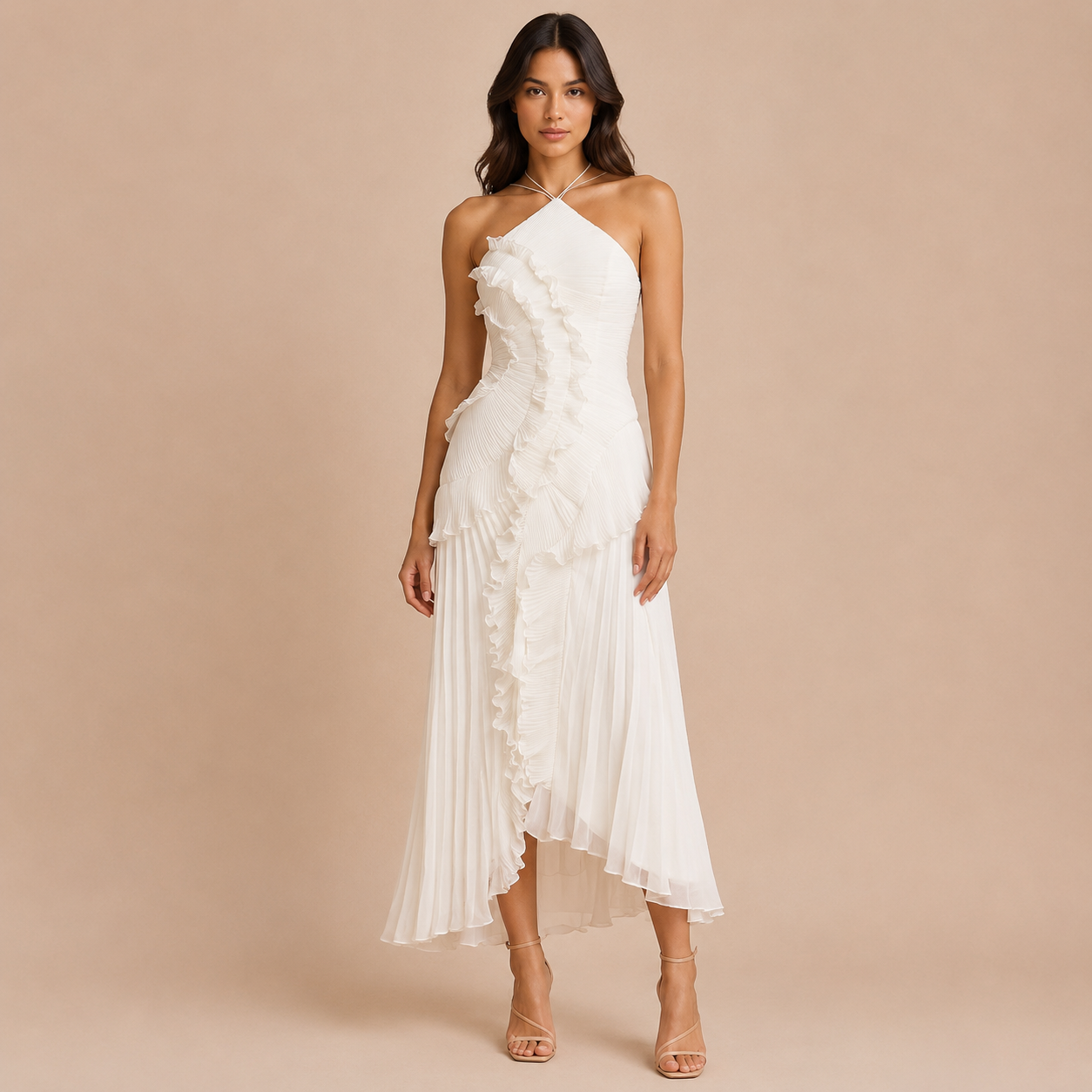 Emilia - Vestido halter plisado con volante asimétrico