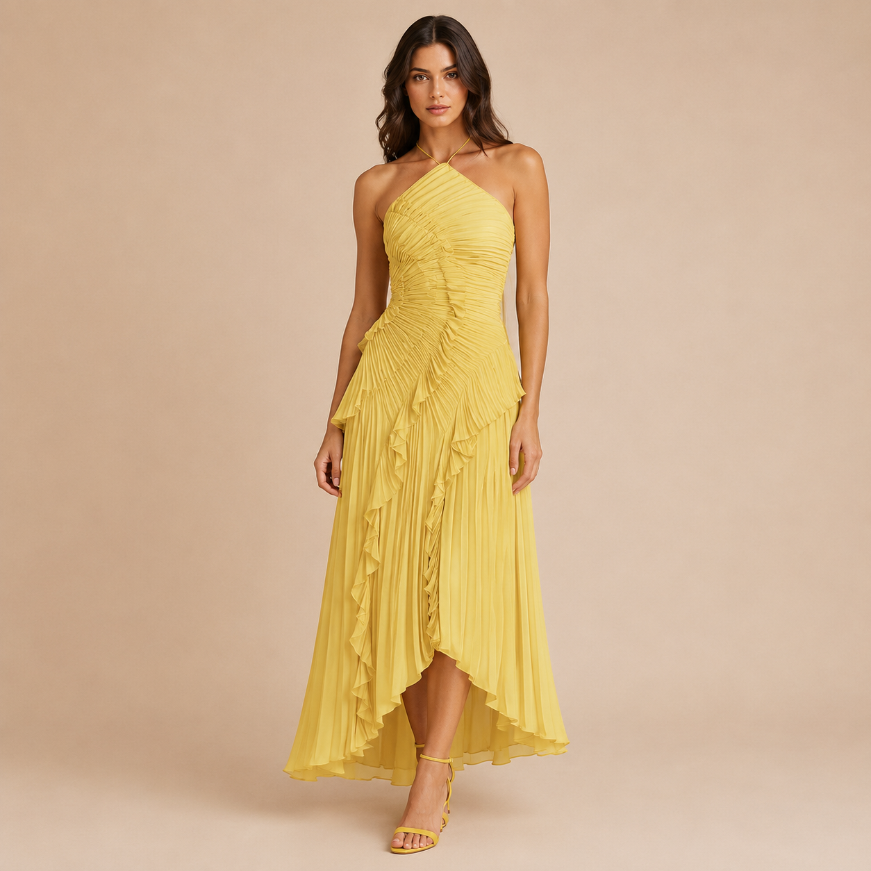 Emilia - Vestido halter plisado con volante asimétrico