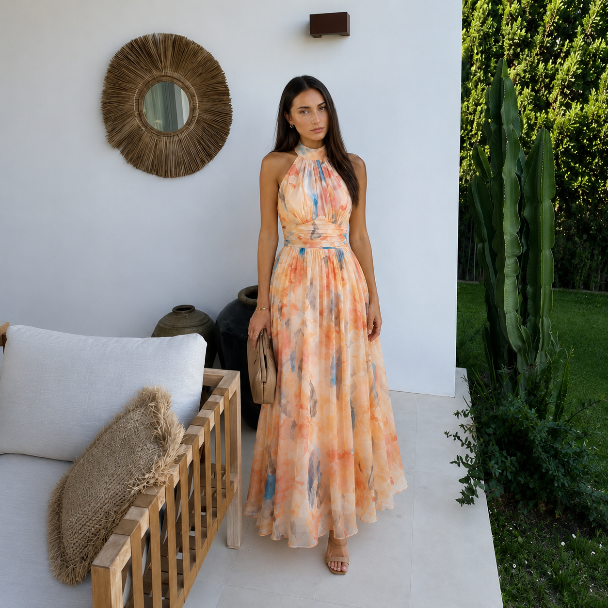 Isabella – Vestido Midi Floral Acuarela con Espalda Descubierta