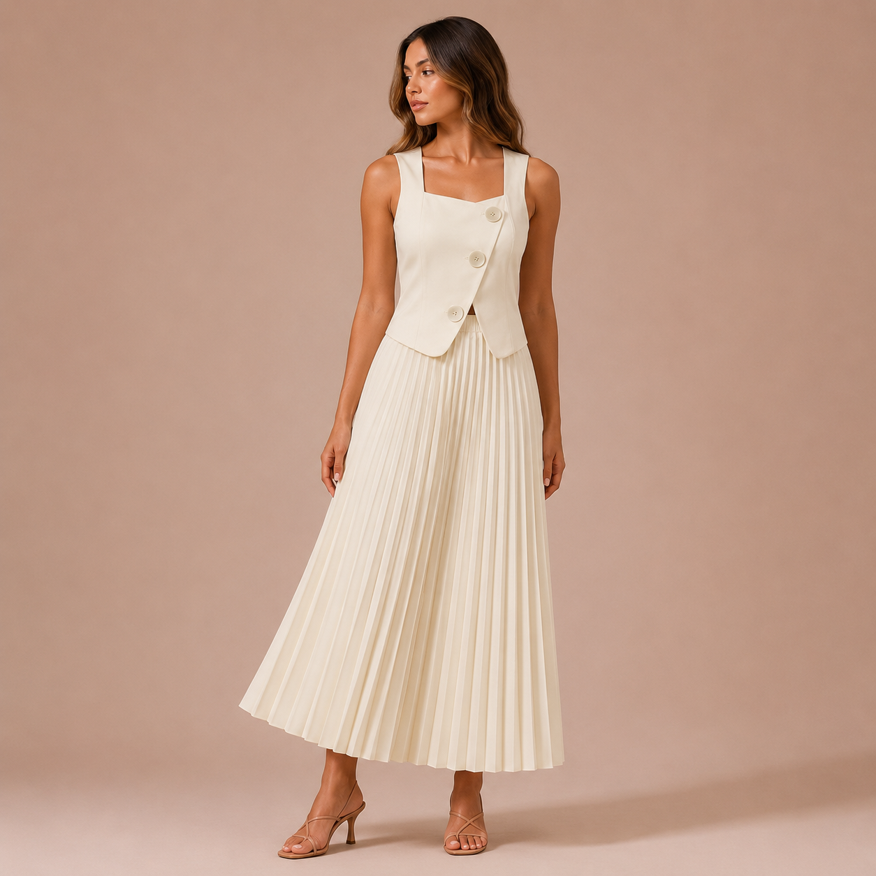 Sara - Conjunto chaleco con botones y falda midi plisada