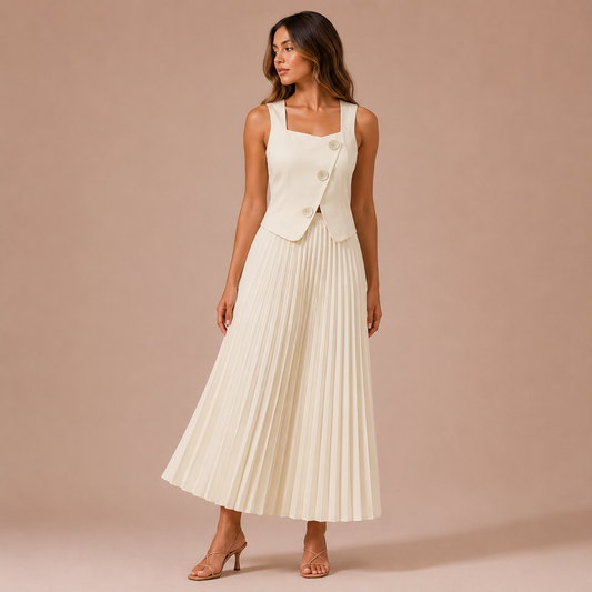 Sara - Conjunto chaleco con botones y falda midi plisada